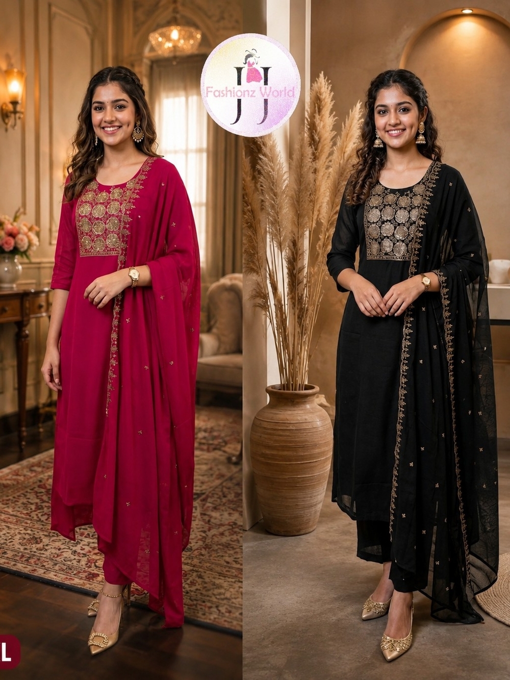 Women's Embroidered Round Neck Kurta Set - Pink & Black